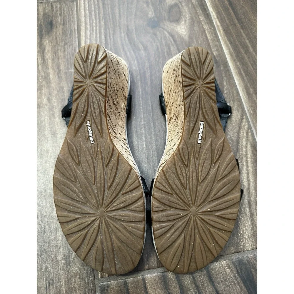 Patagonia Black Leather Cork‎ Wedge Sandals Strappy Slingback T11356 Womens 8M